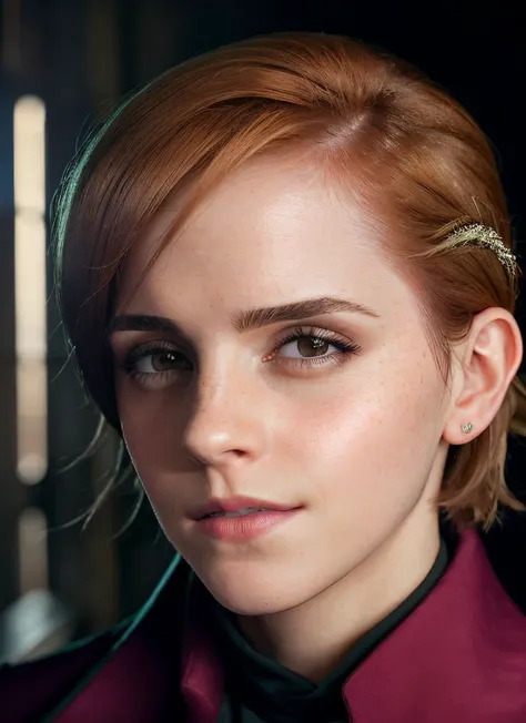 portrait of skswoman, curious , wearing hijab and suit , with strawberry blonde Blunt haircut, background The Tower of Destiny, epic (photo, studio lighting, hard light, sony a7, 50 mm, matte skin, pores, colors, hyperdetailed, hyperrealistic), <lyco:Emma Watson:1.1>