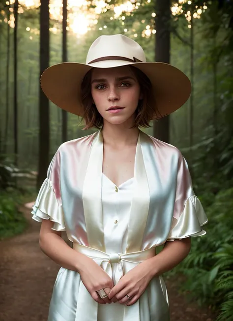 portrait of skswoman, pained , wearing wide brim hat and silk , with brown French bob, background The Enchanted Forest, epic (photo, studio lighting, hard light, sony a7, 50 mm, matte skin, pores, colors, hyperdetailed, hyperrealistic), <lyco:Emma Watson:1.1>