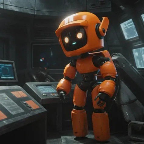 an orange robot, in a spaceship, cyberpunk,  highly detailed,  photography, ultra sharp, film, professional, 64k  <lora:add-detail-xl:1.5> <lora:Orange Robot1024:0.7>