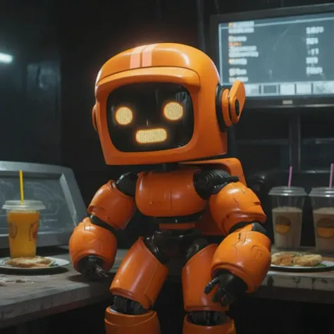 an orange robot, close up face portrait, fastfood, cyberpunk, highly detailed, photography, ultra sharp, film, professional, 64k <lora:add-detail-xl:1.5> <lora:Orange Robot1024:0.7>