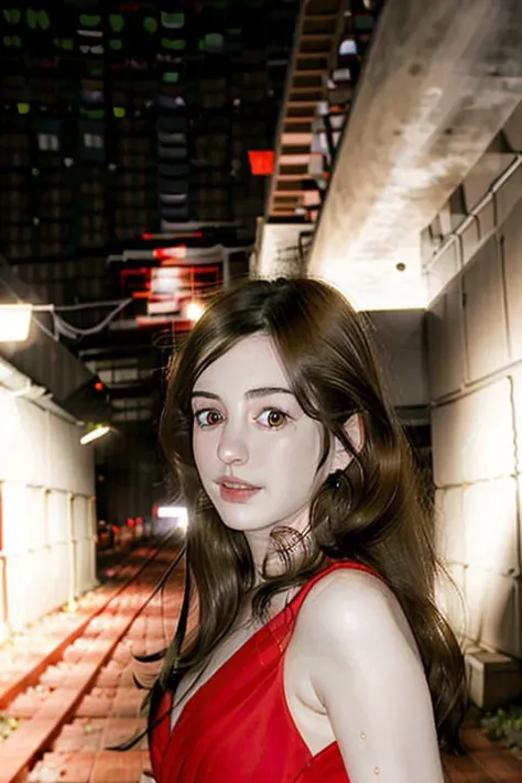 <lora:frontflash:1> a woman <lora:ann3h4th4w4y:1>, red dress, ((midnight walk in a dark alleyway)), highly detailed face, stunning eyes, [smiling:0.1, nice smile], evening, head:1.1