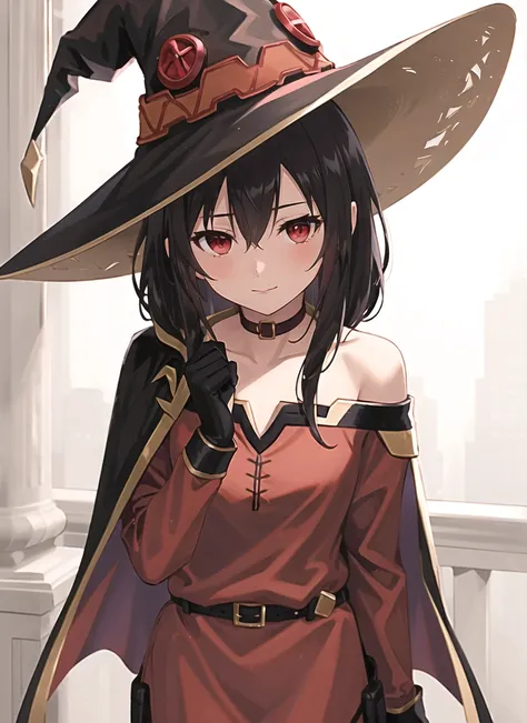 fubuki \(fakemonkey0224\), megumin, 1girl, bare shoulders, black cape, black gloves, black hair, blush, cape, choker, collarbone, dress, hair between eyes, hat, long sleeves, looking at viewer, medium hair, off-shoulder dress, off shoulder, red dress, red eyes, sidelocks, solo, witch hat, ((masterpiece)) <lora:fubuki__fakemonkey0224__offset:1>