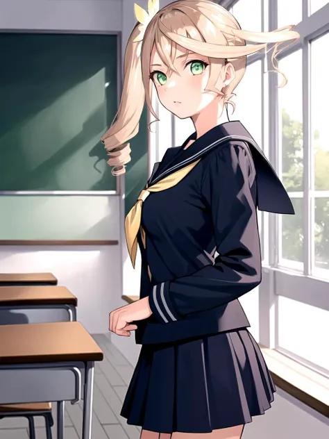 masterpiece, best quality, 1girl, solo, dsalisha, blonde hair, side ponytail, green eyes, (school uniform:1.1), serafuku, skirt, standing, indoors, classroom, detailed background, cowboy shot
 <lyco:dsalisha_lc_768:1>