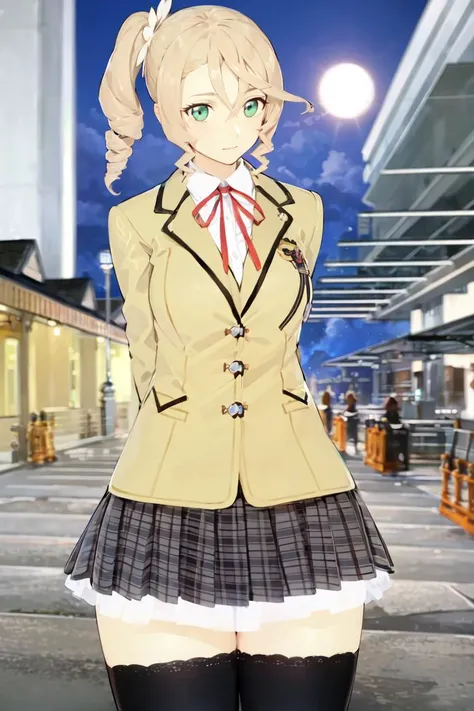 {{masterpiece}}, {{best quality}}, {an extremely delicate and beautiful}, extremely detailed wallpaper, super fine illustrations, {{an extremely delicate and beautiful girl}}, mature female, beautiful detailed eyes, finely detail, delicate face, masterwork, 1girl, delicate details, highres, beautiful detailed face, an extremely delicate and beautiful face, intricate detail, complex details, ultra-detailed, highly detailed face, dsalisha, arms behind back, blonde hair, side ponytail, green eyes, school uniform, black thighhighs, sky, building, <lyco:dsalisha_lc_768:1>,