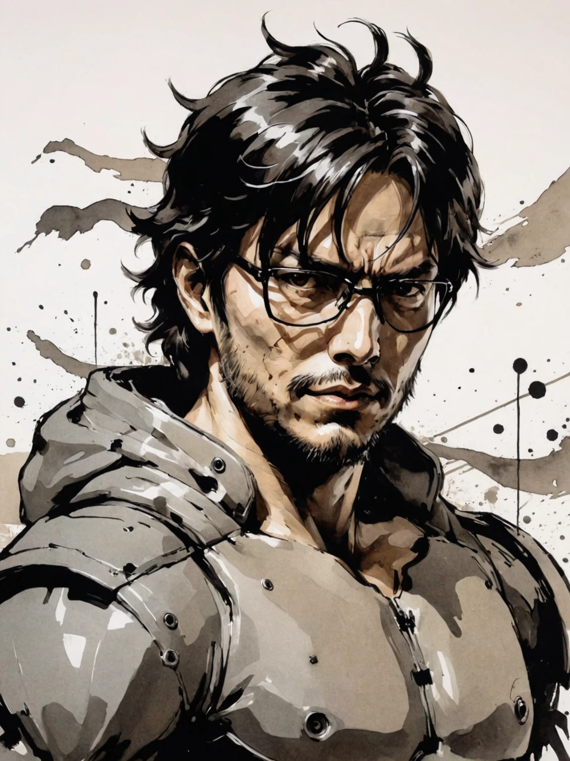 amazing artwork in the style of Shinkawa Youji, portrait of Hideo Kojima, concept art. <lora:shinkawa_youji_xl_v1f:1>