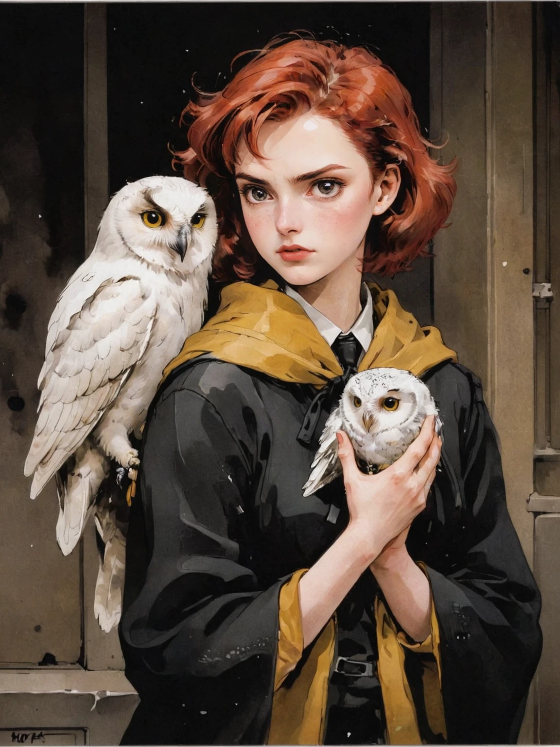 art by Yoji Shinkawa solo, girl, cute 18 year old woman and her white pet owl, hufflepuff uniform, scarf, digital painting, pale skin,highly detailed face, red hair, seducing facial expression,wearing a black robe, 1950s,dark background,warm colors, RAW candid cinema,16mm,color graded portra 400 film,remarkable color,ultra realistic, captured on a (Nikon D850)defiant facial expression , cinematic dramatic <lora:shinkawa_youji_xl_v1f:1><lora:harry_potter_v1:1>