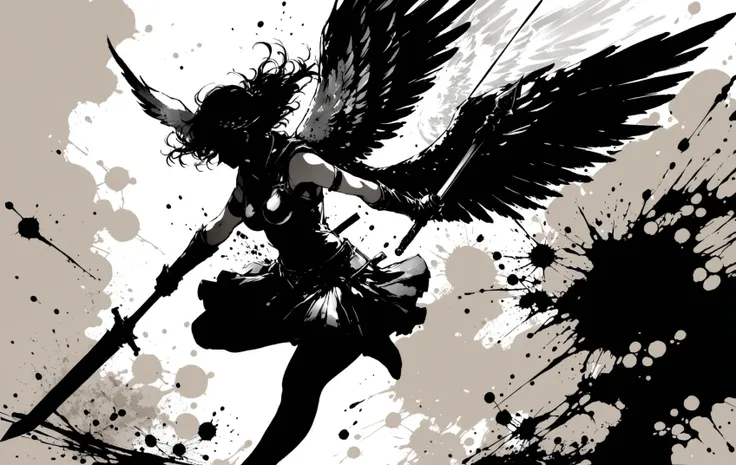 a winged Valkyrie wielding a weapon, splatter fashion, in the style of light and shadow, ink illustrations, by Yoji Shinkawa  <lora:shinkawa_youji_xl_v1f:1>