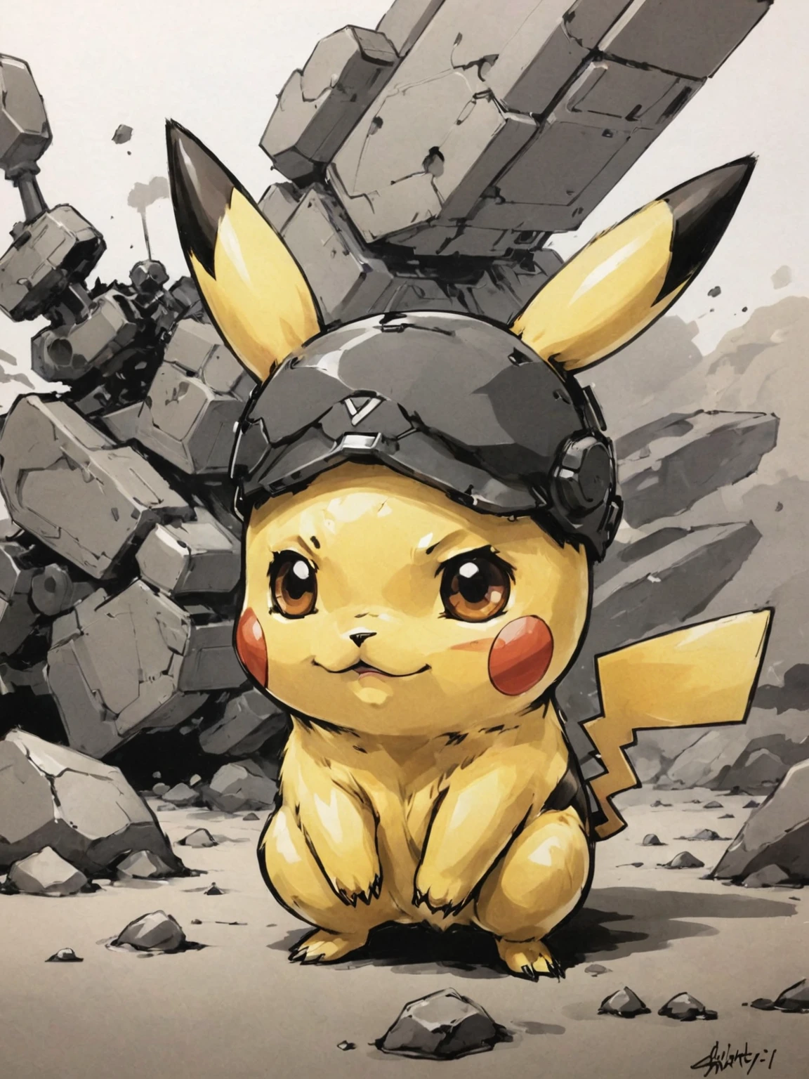 amazing artwork in the style of (Shinkawa Youji:1.2), Pikachu, concept art. (chibi, rocks:0.2) <lora:shinkawa_youji_xl_v1f:1>