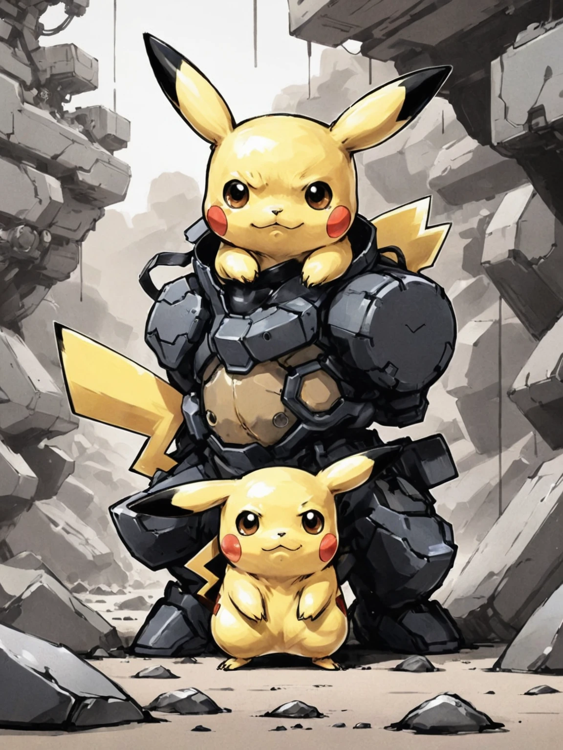 amazing artwork in the style of (Shinkawa Youji:1.2), Pikachu, concept art. (chibi, rocks:0.19) <lora:shinkawa_youji_xl_v1f:1>