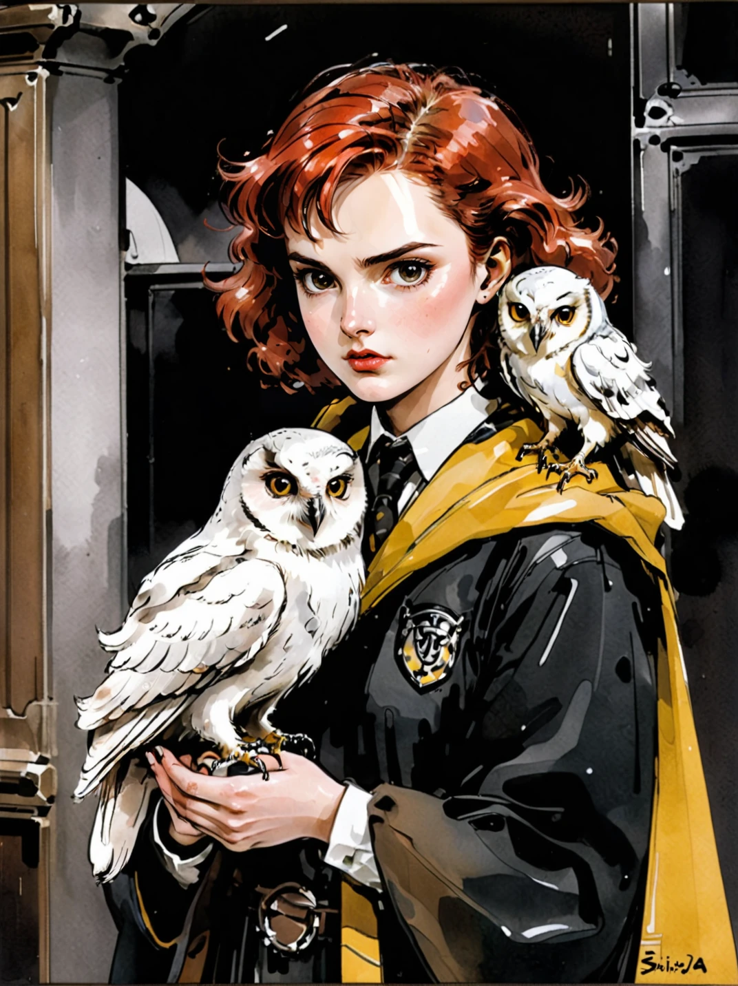 art by Yoji Shinkawa solo, girl, cute 18 year old woman and her white pet owl, hufflepuff uniform, scarf, digital painting, pale skin,highly detailed face, red hair, seducing facial expression,wearing a black robe, 1950s,dark background,warm colors, RAW candid cinema,16mm,color graded portra 400 film,remarkable color,ultra realistic, captured on a (Nikon D850)defiant facial expression , cinematic dramatic <lora:shinkawa_youji_xl_v1f:1><lora:harry_potter_v1:1>