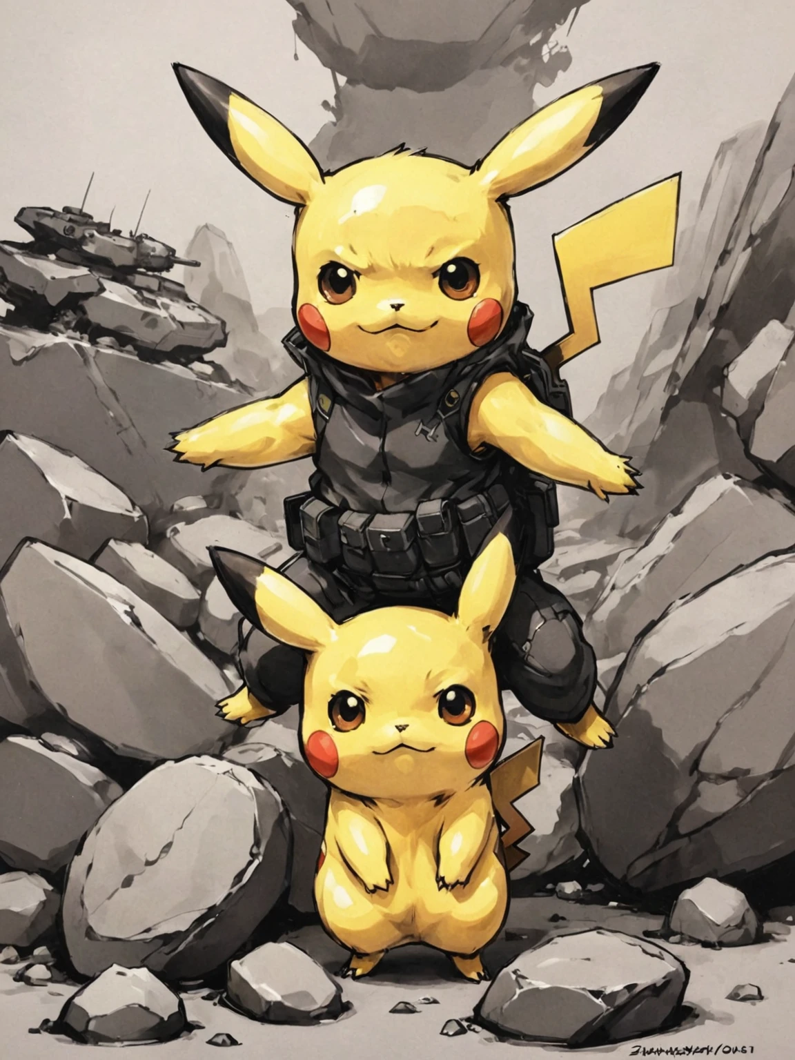 amazing artwork in the style of (Shinkawa Youji:1.2), Pikachu, concept art. (chibi, rocks:0.2) <lora:shinkawa_youji_xl_v1f:1>