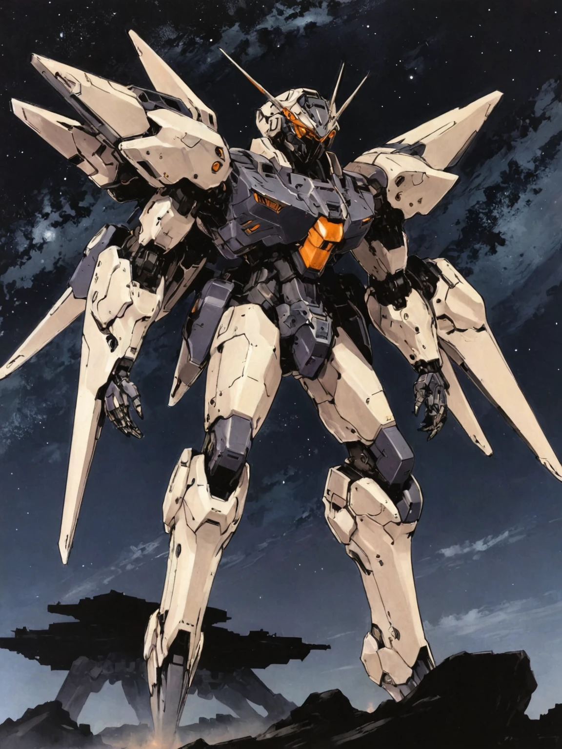 amazing artwork in the style of Shinkawa Youji, a giant robot, orbital frame from zone of the enders, night sky. <lora:shinkawa_youji_xl_v1f:1>