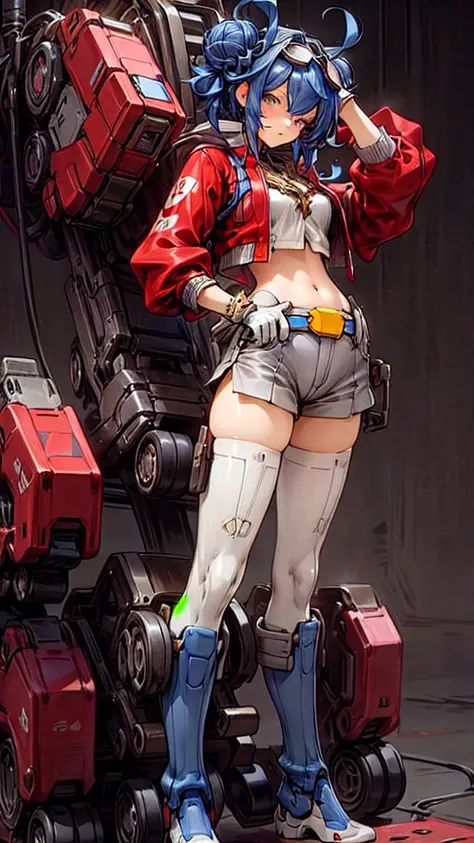masterpiece, top quality, best quality, official art, (beautiful and aesthetic:1.2),cyber city background,extreme detailed, colorful, highest detailed ((ultra-detailed)), (highly detailed CG illustration), ((an extremely delicate and beautiful)), <lora:TFOPG:0.7>, TFOPG, double bun, gloves, goggles on head, looking at viewer, navel, solo, autobot symbol on shoulder, blue belt, yellow buckle, red jacket, necklace, nice hands, prefect hands,, white legwear, thighhighs, blue boots, cyber city background, nice hands, prefect hands, <lyco:GoodHands-beta2:1.0>