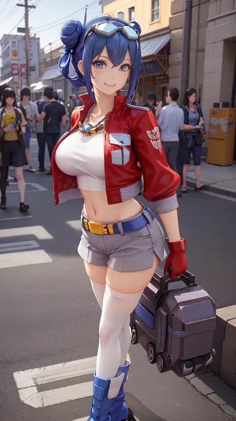 RAW photo, (best quality:1.3), high resolution, (masterpiece), (photorealistic:1.4), professional photography, sharp focus, HDR, 8K resolution, intricate detail, sophisticated detail, depth of field, extremely detailed CG unity 8k wallpaper,  [Nanami Hachiro] as beautiful supermodel, extremely prefect face, extremely prefect blue eyes:1.2, extremely prefect lips,extremely prefect nose,extremely prefect ears, (smiling:1.3), (PureErosFace_V1:0.3), (naturally sagging enormous breasts:1.1), (Kpop idol makeup), Movement Pose, Crossing Ankles, solo, (realistic skin:1.3),  <lora:TFOPG:0.7>, TFOPG, double bun, gloves, goggles on head, looking at viewer, navel, solo, autobot symbol on shoulder, blue belt, yellow buckle, red jacket, necklace, nice hands, prefect hands,  <lyco:GoodHands-beta2:1.0>,  white legwear, thighhighs, blue boots, cowboy shot