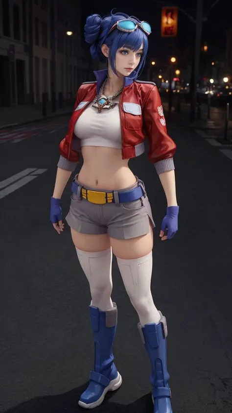 RAW photo, (best quality:1.3), high resolution, (masterpiece), (photorealistic:1.4), professional photography, sharp focus, HDR, 8K resolution, intricate detail, sophisticated detail, depth of field, extremely detailed CG unity 8k wallpaper,  [Nanami Hachiro] as beautiful supermodel, extremely prefect face, extremely prefect blue eyes:1.2, extremely prefect lips,extremely prefect nose,extremely prefect ears, (smiling:1.3),(PureErosFace_V1:0.3), (naturally sagging enormous breasts:1.1), (Kpop idol makeup), Profile Pose, dynamic angle, solo, (realistic skin),  <lora:TFOPG:0.7>, TFOPG, double bun, gloves, goggles on head, looking at viewer, navel, solo, autobot symbol on shoulder, blue belt, yellow buckle, red jacket, necklace, nice hands, prefect hands,  <lyco:GoodHands-beta2:1.0>,  white legwear, thighhighs, blue boots,