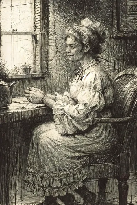 (scribble:1.2),(grandmother making coffee in the small kitchen of a poor house:0.7),Victorian era,richness of detail, delicate pencil drawing,Ilford Delta 3200
<lora:scribble4:1.1>
