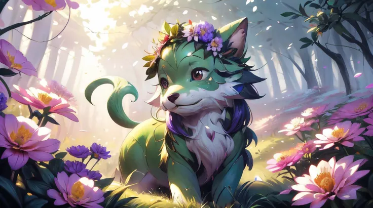 (masterpiece, best quality, fullscreen), [(full body:1.0)::0.3] portrait (photo of a small vegetal [magical being:flower creature:0.4] Vining in a lush forest:1.4), <lora:EYES snake-eyes:0.6> snake eyes, (Hairy bark skin:1.4), (several Tyrian Purple Star-shaped flowers on the head:1.1), (Scorpion body shape:1.1), (Dog head:1), (several Five-Fingered Hands:1.3), <lora:EFFECT NatureMagic:0.2> naturemagic, MAGICAL ENERGY, <lora:MONSTER dryad-1.0:0.3> (dryad:1.1.), (Blue Hour Light lighting:1.1), , <lora:BACKGROUND Flower field_20230729165144:0.1>, , , (look at the viewer:1), , <lora:SLIDER muscle_slider_v1:0.5>,<lora:LIGHT ALL IN ONE LORA HD v1:0.5>, <lora:QUALITY kkw-better-v1.0a:0.5>, <lora:QUALITY add_detail:0.1>, (Full body Shot, Shallow Focus Shot, Low Angle Shot:[1.2:0.5:0.1]), heavily detailed, fairytale, whimsical, , (sharp focus), <lora:EFFECT Magic card fakemtg_label:1> fakemtg, (no humans), ricate, elegant, highly detailed, digital painting, artstation, concept art, smooth, sharp focus, illustration, octane render, art by Leesha Hannigan, Ross Tran, Thierry Doizon, Kai Carpenter, Ignacio Fernández Ríos