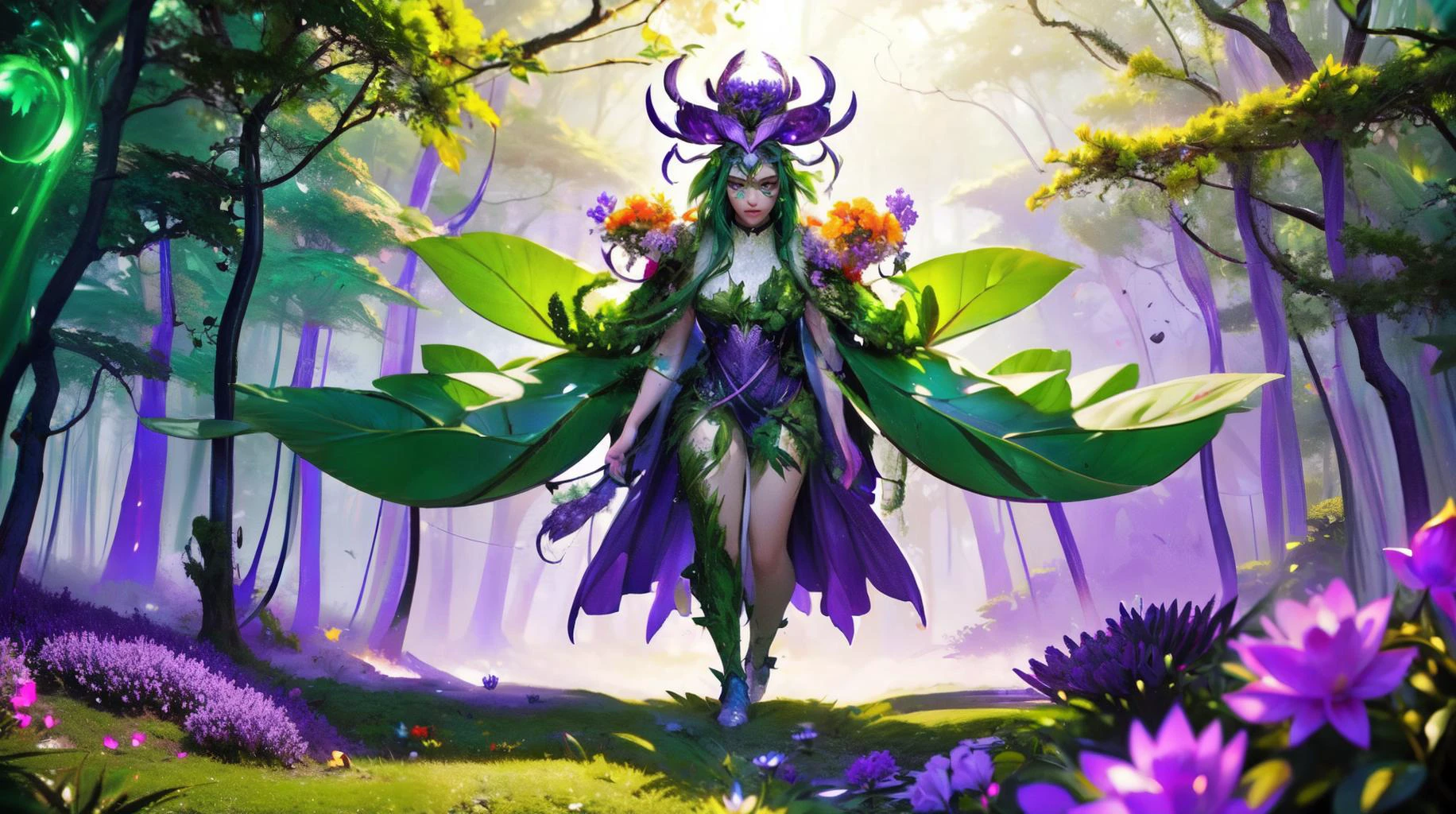 (masterpiece, best quality, fullscreen), [(full body:1.2)::0.1] portrait (photo of a giant vegetal [magical being:plant creature:0.2] Ascending in a lush forest:1.5), <lora:EYES Fire:0.5> green fire, (Rough Glowing skin:1.1), (two Tyrian Purple Funnel-shaped flowers on the head:1.3), (Snake body shape:0.8), (Duck head:1.2), (one Webbed Appendages:1.4), <lora:EFFECT RootsBranchesAIv5:0.15> rootsbranchesai, <lora:MONSTER dryad-1.0:0.5> (dryad:0.9), (Sunrise lighting:1.3), <lora:EFFECT swampstyle:0.2> swampstyle monster, <lora:BACKGROUND nighcore:0.1>, <lora:QUALITY Better_Nature_v1:0.3>, , (look at the viewer:1.3), ,<lora:LIGHT neon ç»ªå¿-åªå½± curvy:0.4> curvy, silhouette, <lora:LIGHT epi_noiseoffset2:0.6>, <lora:QUALITY kkw-better-v1.0a:0.3>, <lora:BACKGROUND booscapes_v2:0.4>, <lora:QUALITY PotatEnhancer_V1_6:0.2>, (Full body Shot, Shallow Focus Shot, Low Angle Shot:[1.2:0.5:0.1]), heavily detailed, , (asymmetric composition:1.3), (sharp focus), <lora:EFFECT Magic card fakemtg_label:1> fakemtg, (no humans), xtremely detailed, stunning composition, 4k realistic image, trending on Artstation, award-winning photograph, masterpiece, digital illustration, sharp focus, high resolution, insanely detailed and intricate, cinematic lighting