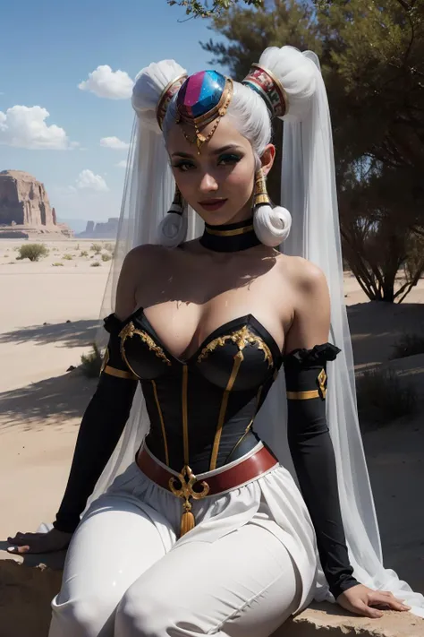 twinrova, dark skin, make-up, curvy body,choker, white hair, twintail hair,gem headwear, black corset, black sleeves,pelvic curtain, white harem pants, belt,
seductive smile, sitting, desert, oasis, <lora:Twinrova:1> extreme detail, hdr, beautiful quality,