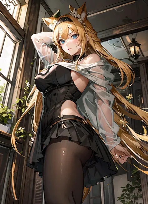 masterpiece,best quality, detailed),efflorescehorn,1girl, skirt, solo, breasts, long hair, pantyhose, looking at viewer, large breasts, hat, shirt, pleated skirt, bangs, black skirt, blush, off shoulder, from below, white shirt, long sleeves,arms behind back, miniskirt, ass, jacket, closed mouth, very long hair, brown pantyhose, indoors, beret, open clothes, black jacket,
<lora:efflorescehorn-pynoise-000008:1>