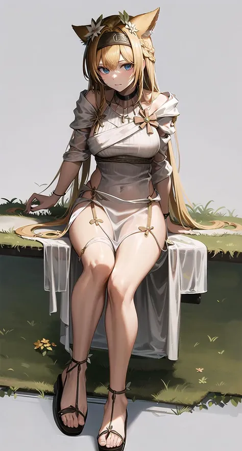 headband,efflorescehorn, 1girl, solo, dress, white dress, sitting, sandals, looking at viewer, simple background, full body, knee up, bare shoulders <lora:efflorescehorn-pynoise-000008:1>