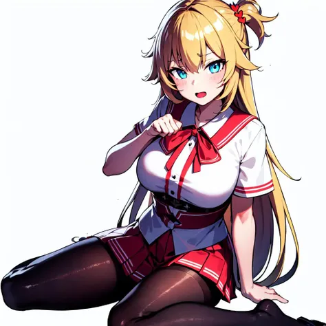 (Red ribbon on hairband:1.2),masterpiece, Highest quality, High resolution, One girl, alone, Blonde, Red eyes, High resolution, Good lighting, , (No nudity), (nurse,white nurse uniform,White shirt:1.3),(Open clothes:1.2),(Exposing breasts:1.2),(Skirt pulled:1.2),(White knee socks:1.1),, (((pointed_between legs,From below))), (((squat))), (garter belt), Abdominal area only, (), , Cute Face,blush with embarrassment, Humiliating, ((See through))()(Thong)(A lot of stuff is attached to the body,)
