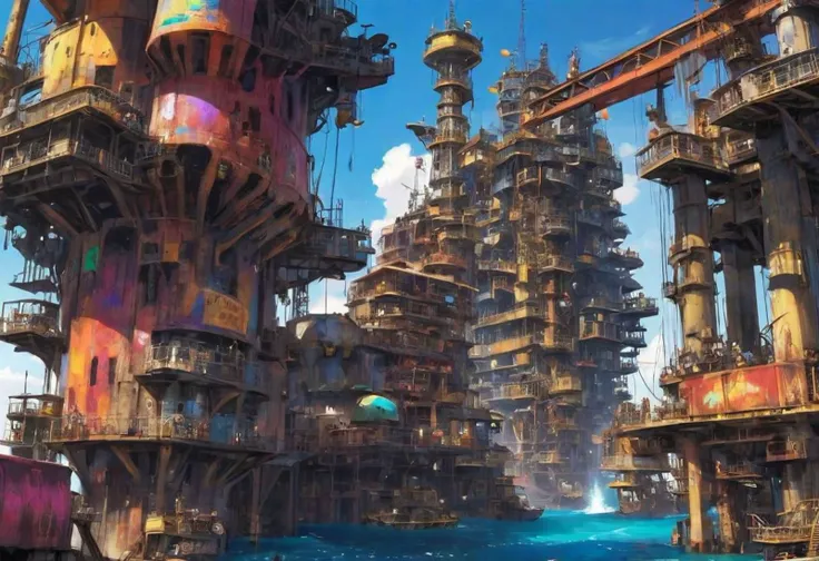 junkworld, an Apartment building on top of a oil well platform in the sea, sailboats, vivid colorful paint on building