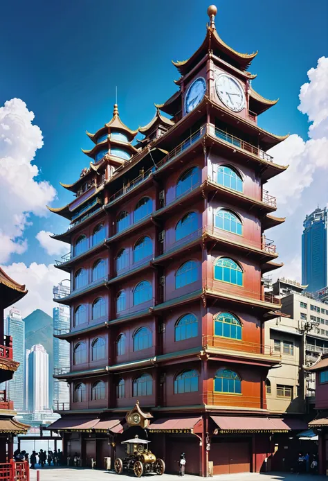 noon, blue sky, clouds, architecture, steampunk Kowloon