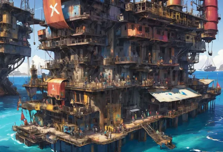 junkworld, an Apartment building on top of a oil well platform in the sea, sailboats, vivid colorful paint on building
