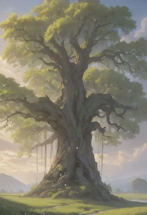 a painting of a tree in the middle of a field, inspired by Christophe Vacher, trending on Artstation, fantasy art, weeping willows, glowing clouds, painting of, 8k hd wallpaper digital art, fantasy illustrations cover art