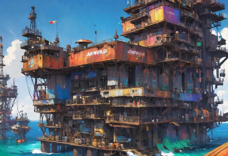 junkworld, an Apartment building on top of a oil well platform in the sea, sailboats, vivid colorful paint on building