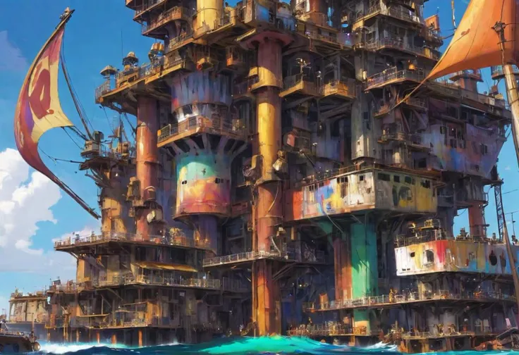 junkworld, an Apartment building on top of a oil well platform in the sea, sailboats, vivid colorful paint on building