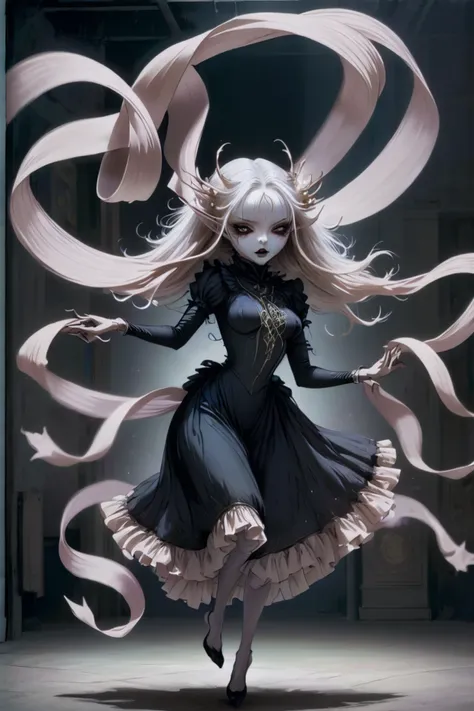 absolutely fucking nightmarish, A graceful dance spirit, with flowing ethereal ribbons, twirling in the air to an unheard melody.<lora:spirit_creepy-sdxl-prod-e-000026:1>