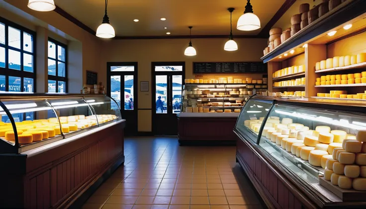 brightly lit interior, in a cheese shop