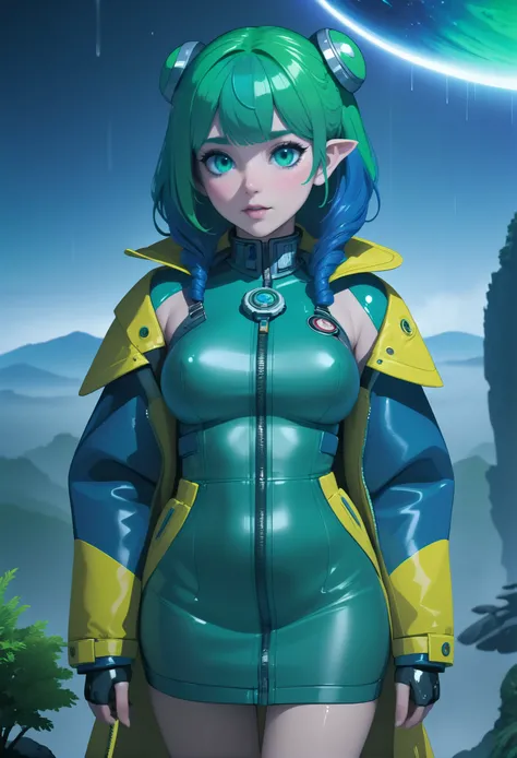 1girl, woman, (Mayan sleepy tinkerer:1.3), matte blue-green eyes, pose, , , (raincoat:1.2) [:colorful, outlandish costume design:0.2], bombshell hair, blue-green hair, parted bangs,Undercut, chubby, narrow waist, medium breasts, caucasian, (noon,  scenery, "at the Intergalactic Singularity":1.3)