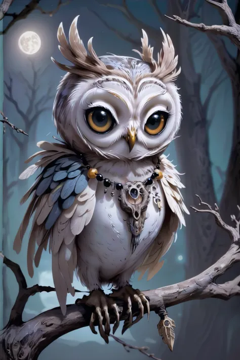 creepy, A spirited owl spirit, with soft feathery wisps, perched silently on a moonlit branch.<lora:spirit_creepy-sdxl-prod-e-000026:1>