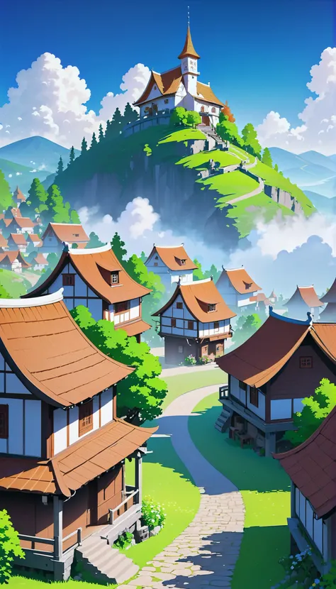 noon, blue sky, clouds, scenery, Fairy Tale village