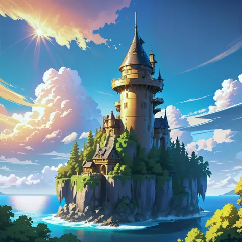 golden hour, blue sky, clouds, scenery, in a Wizard Tower Island