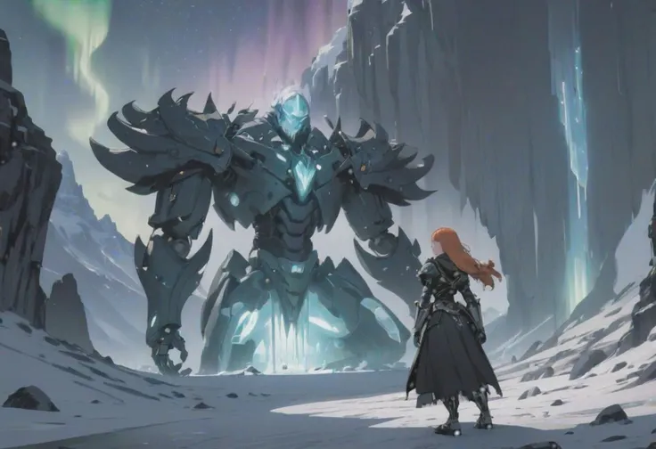 1girl, masterpiece, gorgeous student, sexy school uniform, huge hips, big neackline, torn skirt, huge breasts, saggy breasts, ginger long hair, perfect body,
glass skeleton armor
(frozen landscape, huge snowy mountain range, ice caves, contour sky full of stars, light northern lights, falling snow, beautiful small cabin, glass skeletons around the cabin, light reflection, dark shadows, light reflected from the crystals,)