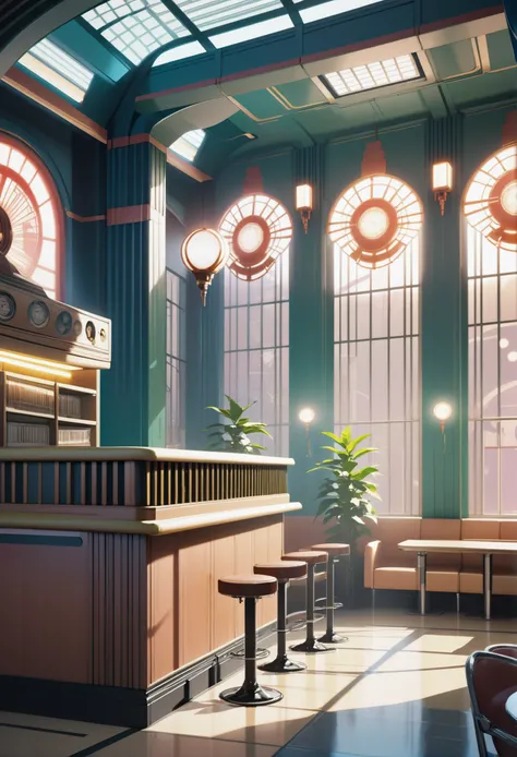 anime style, art deco dieselpunk utopia, natural sunlight, interior, in a Electro Swing high school