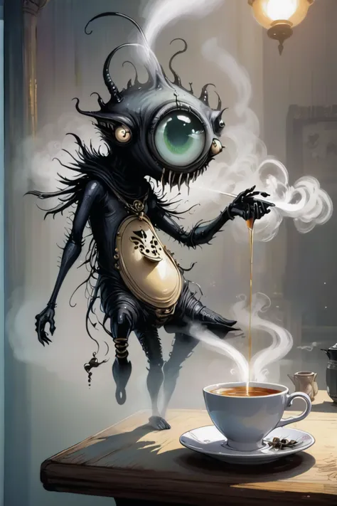 alienzkin creepy, A tranquil tea spirit, steaming and aromatic, hovering over a freshly brewed cup in the early morning.<lora:EnvySpiritXL02-creepy:0.6><lora:alienzkin-sdxl:0.6>