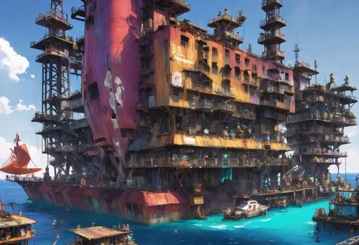 junkworld, an Apartment building on top of a oil well platform in the sea, sailboats, vivid colorful paint on building