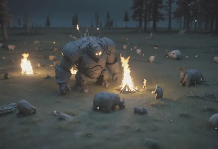 Tilt shift, broken golem toppled on a prairie with trees and animals, night, torches, wide shot