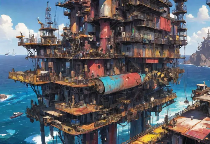 junkworld, an Apartment building on top of a oil well platform in the sea, sailboats, vivid colorful paint on building