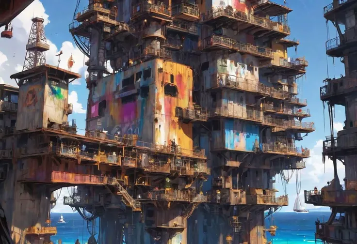 junkworld, an Apartment building on top of a oil well platform in the sea, sailboats, vivid colorful paint on building