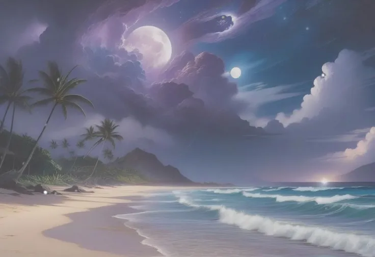 Beautiful hawaiian beach scene, late evening, dark blue and purple sky, full moon, thunderstorm, clouds, scenery, milky way, "at the Radiant Transcendent Nebula"