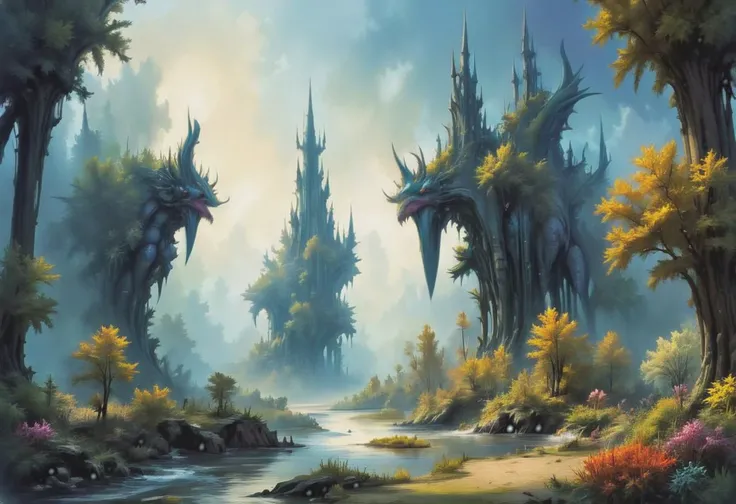 Alien river valley landscape in the style of Roger Dean, fantastic towering spires with graceful curves arching up into the sky, (Rodney Matthews:1.9), alien creatures, abundant strange foliage, high contrast, vibrant colors, (chiaroscuro:1.9), ultra resolution, dramatic lighting casting shadows and highlights