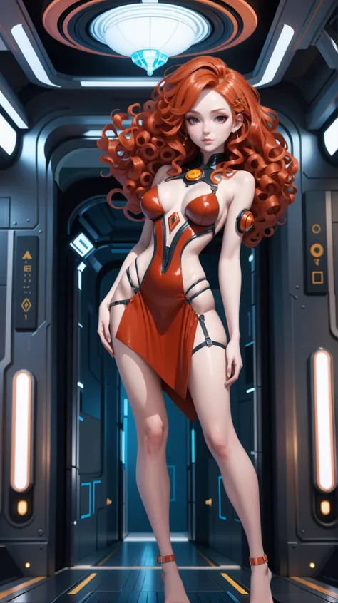 digital painting, 1girl, woman, ra, pastel copper hair, Cascading Layers, (full body:0.5), [:revealing costume design:0.2], bombshell hair, red hair, Diffused Curls,antenna hair, average figure, caucasian, Futuristic noon, architecture, bountiful portal room by a train<lora:EnvyHazeSliderXL01:1>