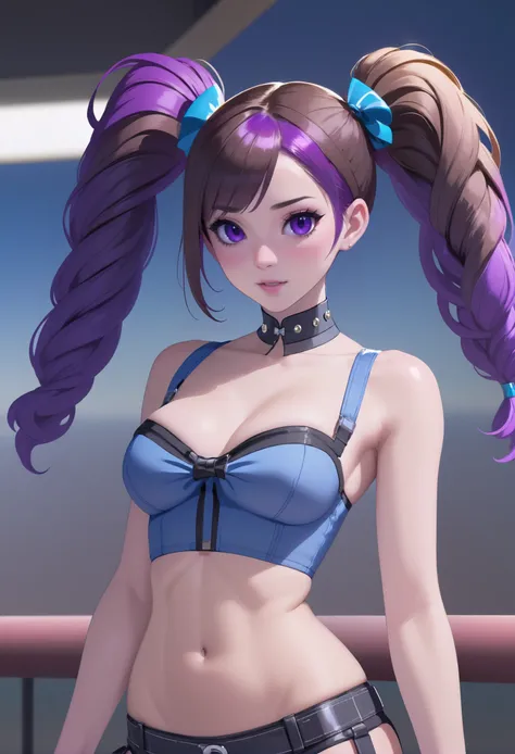 1girl, woman, punk rocker bad girl, cameltoe, [:intricate, formal costume design,:0.2], punk hair, violet hair with blue highlights, twintails, bombshell hair, brown hair, Bow Bun, toned body, athletic build, narrow waist, wide hips, small breasts, (asian:1.3), (noon,  scenery, spring  Las Vegas:1)