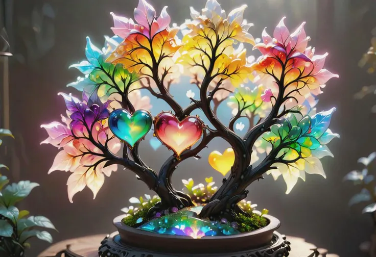 photorealistic, sparkling magical fantasy Magical hearts, made out of transparent multicolored glass, light shines through, magical artifact, very detailed, amazing quality, intricate, cinematic light, highly detail, beautiful, surreal, dramatic, warm colors, This is a bonsai, flx$tyl3